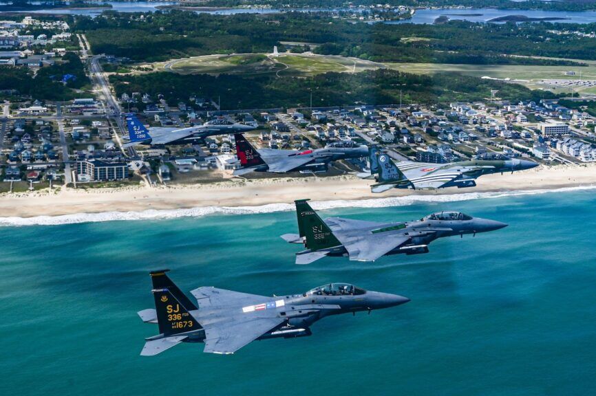 Military Fighter Jets Over Wright Brothers Memorial on the Outer Banks of North Carolina